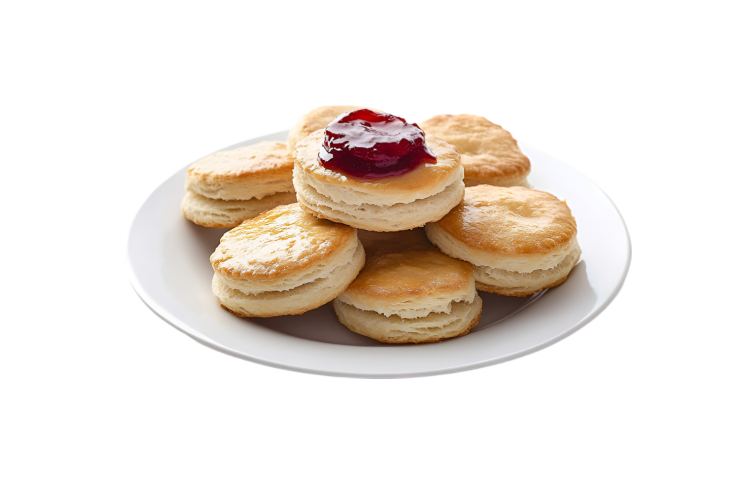 Plate of freshly baked biscuits with red jam on a transparent background png