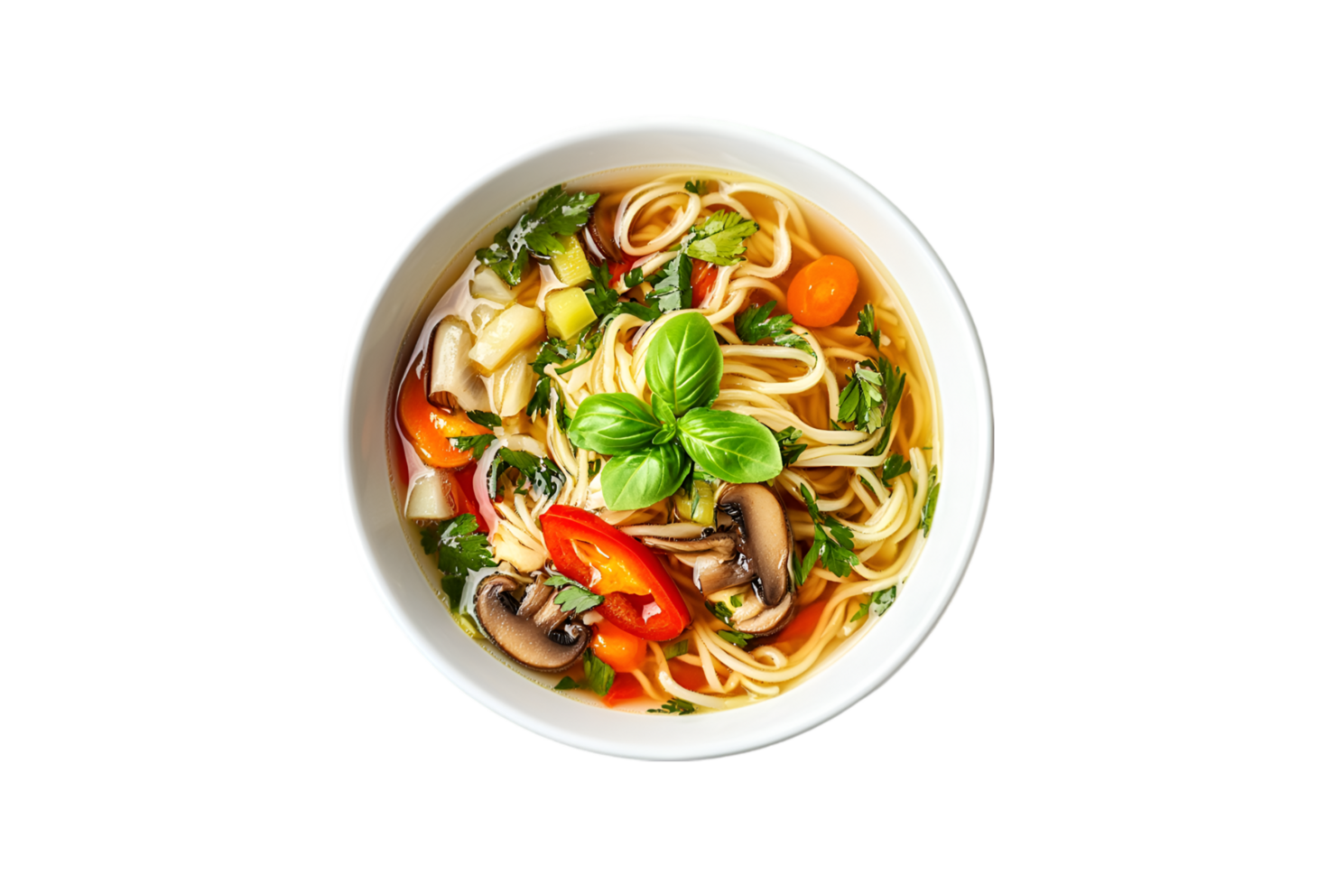 Vegetable noodle soup with mushrooms and chili isolated on a transparent background png