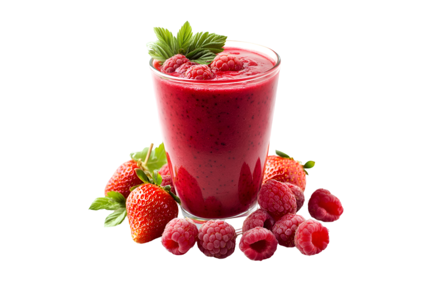 Glass of berry smoothie with strawberries and raspberries isolated on a transparent background png