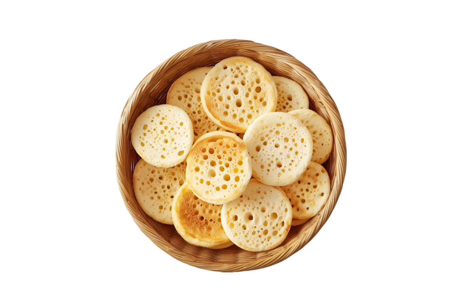 Traditional crumpets in a wicker basket isolated on a transparent background png