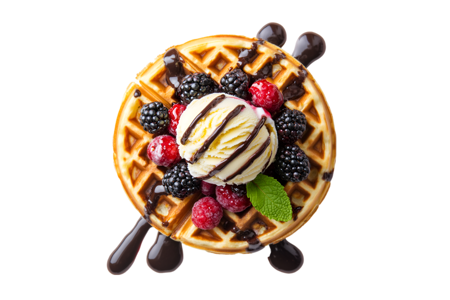 Waffle with ice cream and mixed berries isolated on a transparent background png