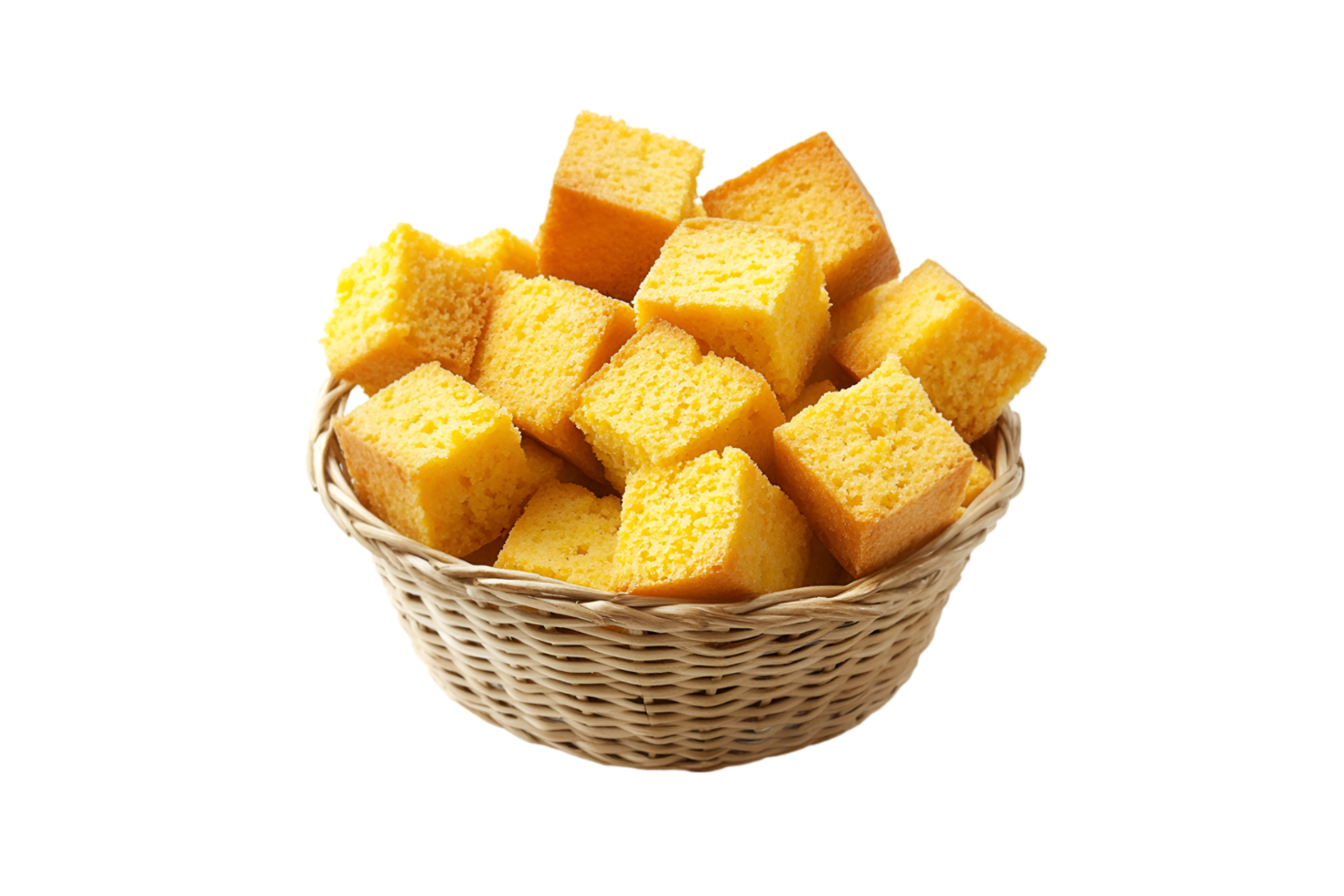 Cornbread cubes in a wicker basket isolated on a transparent background png