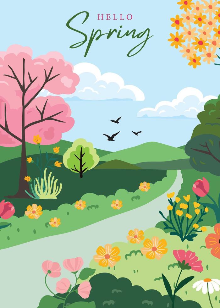 Spring landscape background with mountain,road and tree for a4 vertical magazine design vector