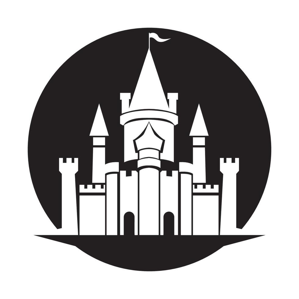 A black and white logo of a castle vector