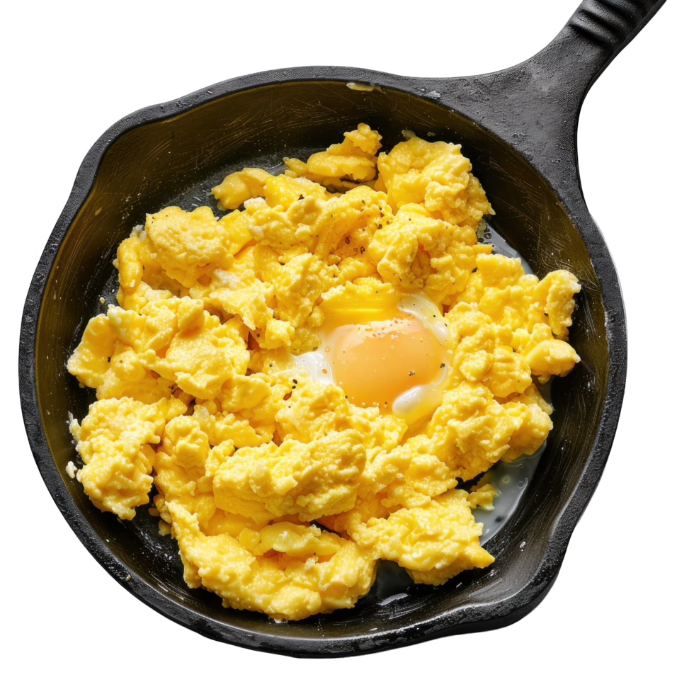 Black frying pan with 3-egg scrambled egg png