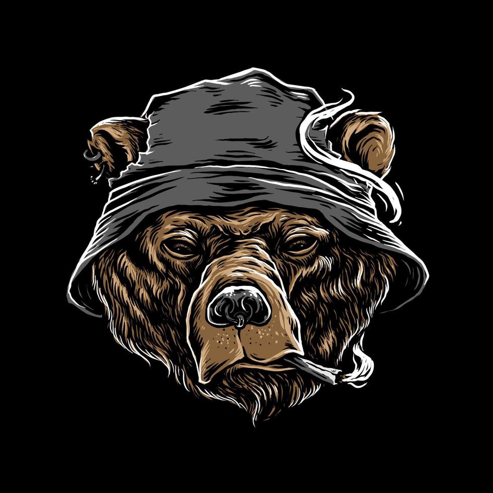 Bear With bucket Hat While Smoking T Shirt Design Hand Drawing illustration vector