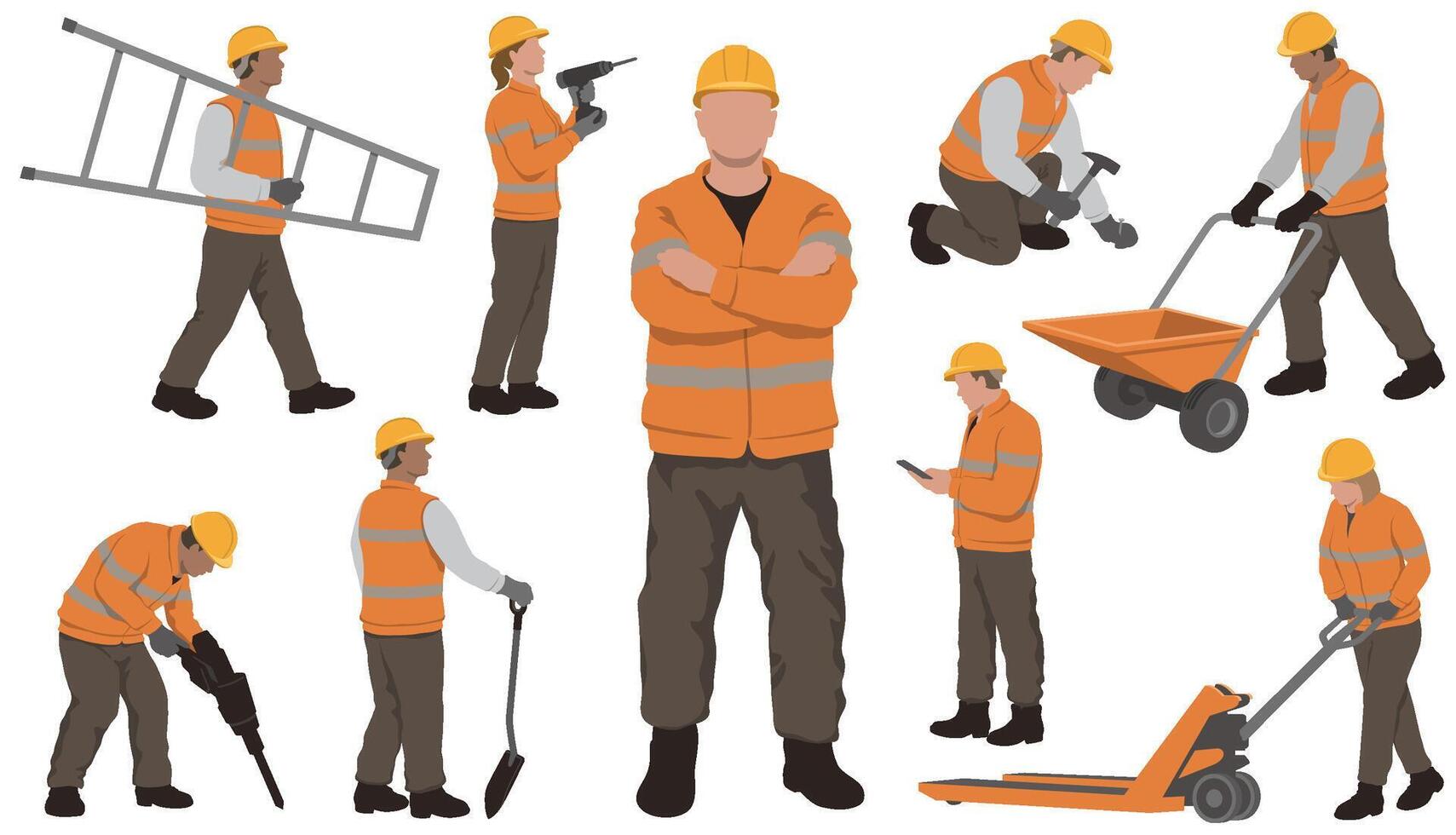 Construction Workers Flat Illustration Set Isolated On A White Background. vector