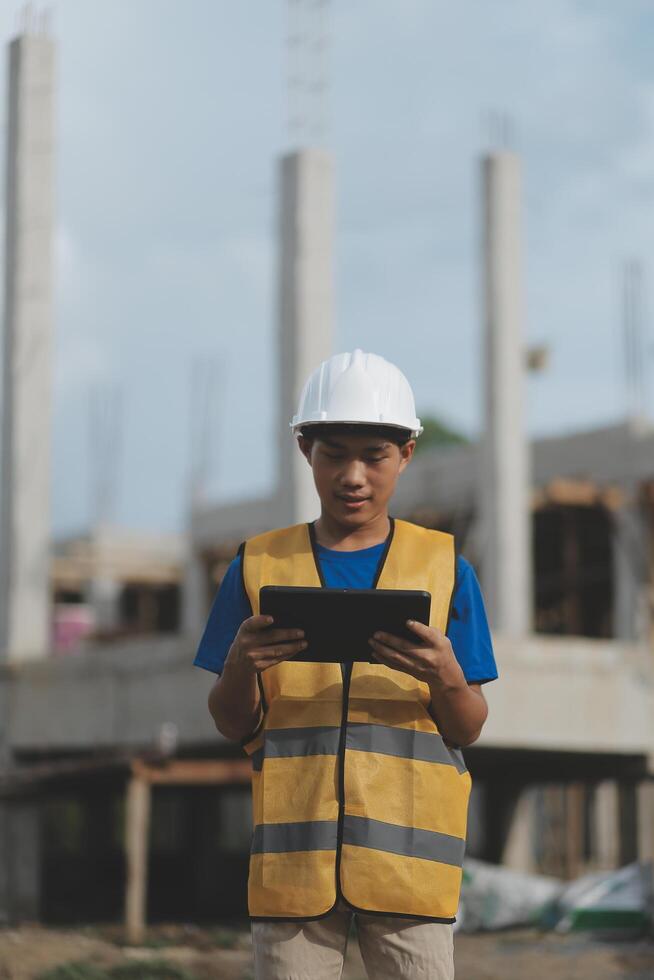 worker inspection while in Left hand hold tablet. inspector engineer using tablet. photo