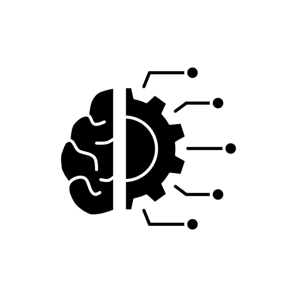 AI in machine learning solid icon design. Implementation AI in machine learning. Brain with gear and circuits design vector