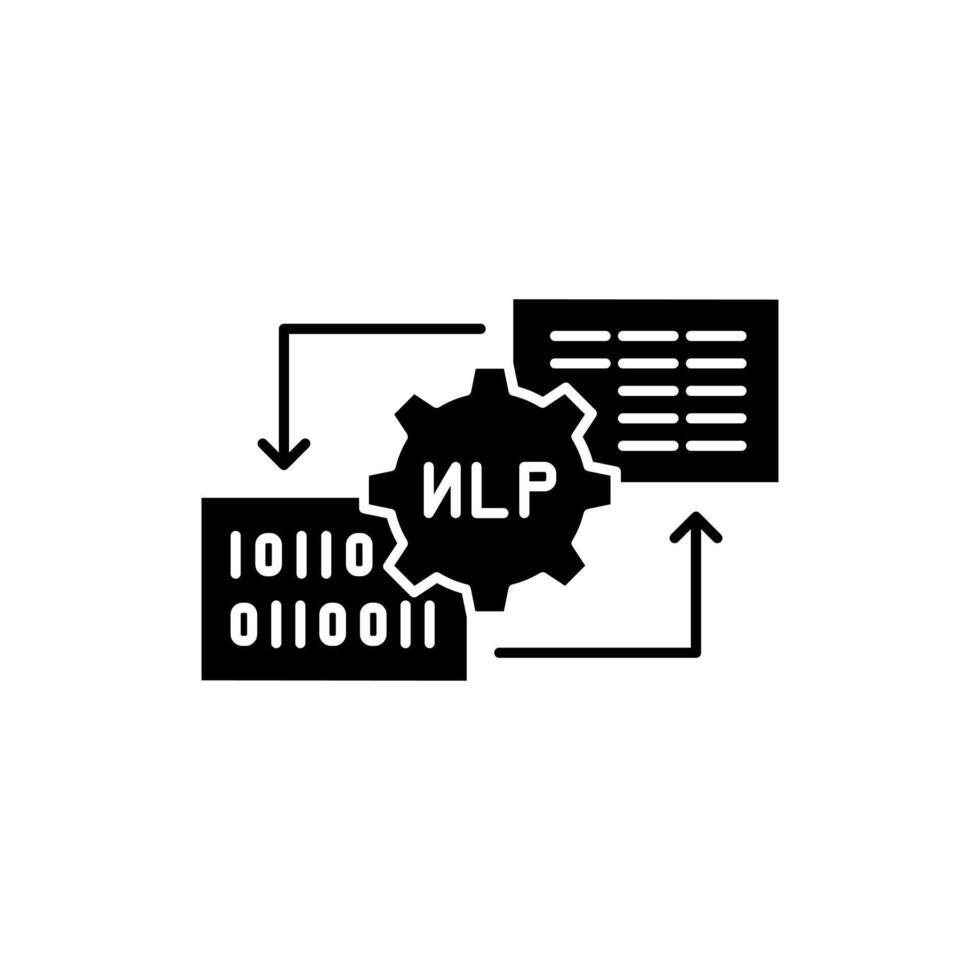 AI in NLP solid icon design. Implementation AI in Natural Language Processing. NLP process with gear and letter element design vector