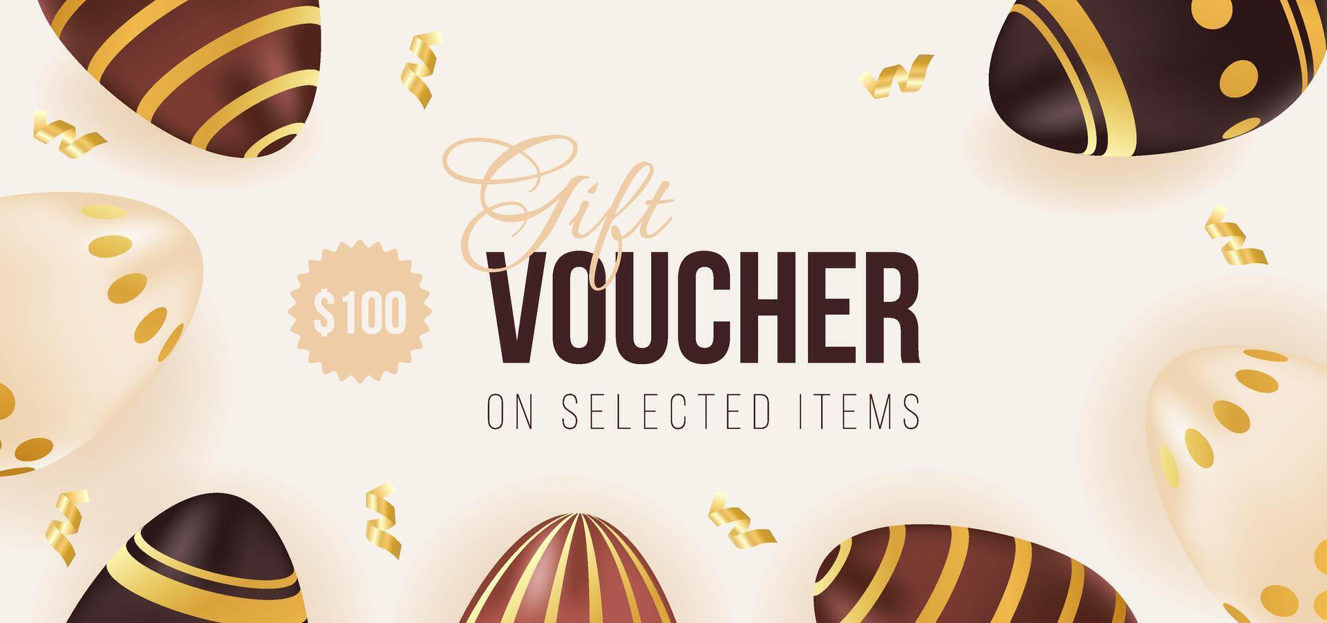 Gift voucher for Easter holiday. Template of promotion and shopping with chocolate golden eggs. illustration for ad, promotion, flyer, brochure, discount, advertisement vector