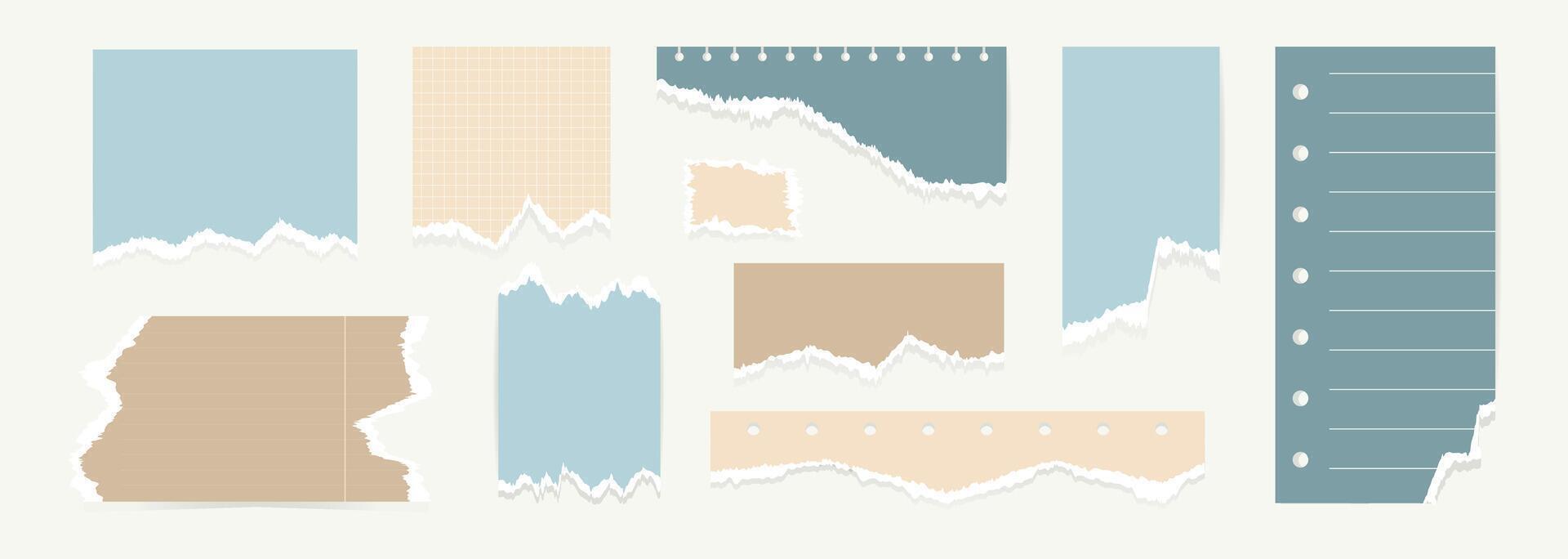 Set torn paper, notebook sheets. Trendy collage elements, realistic blank sheets of colored paper on different shapes and sizes, checkered,striped marks. contemporary illustration vector