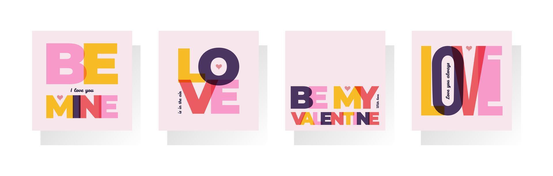 Happy Valentines Day posters set with heart and contemporary typography. Modern simple abstract background. Flat design of advertising templates, banner, cover, label, flyer vector