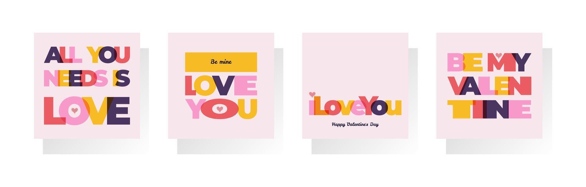 Happy Valentines Day posters set with heart and contemporary typography. Modern simple abstract background. Flat design of advertising templates, banner, cover, label, flyer, social media vector