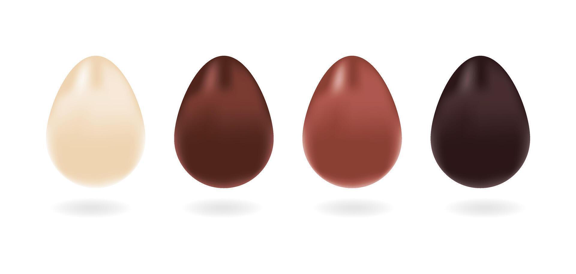 Set of realistic eggs in white, milk and dark chocolate. Isolated illustration on white background. Children dessert, Easter template vector