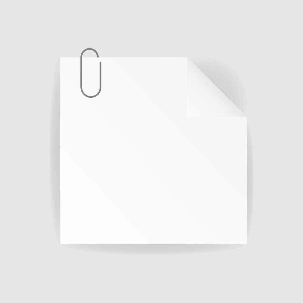 White square paper reminder, sticky note, realistic sticker with folded edge and paper clip. illustration on isolated background with shadow vector