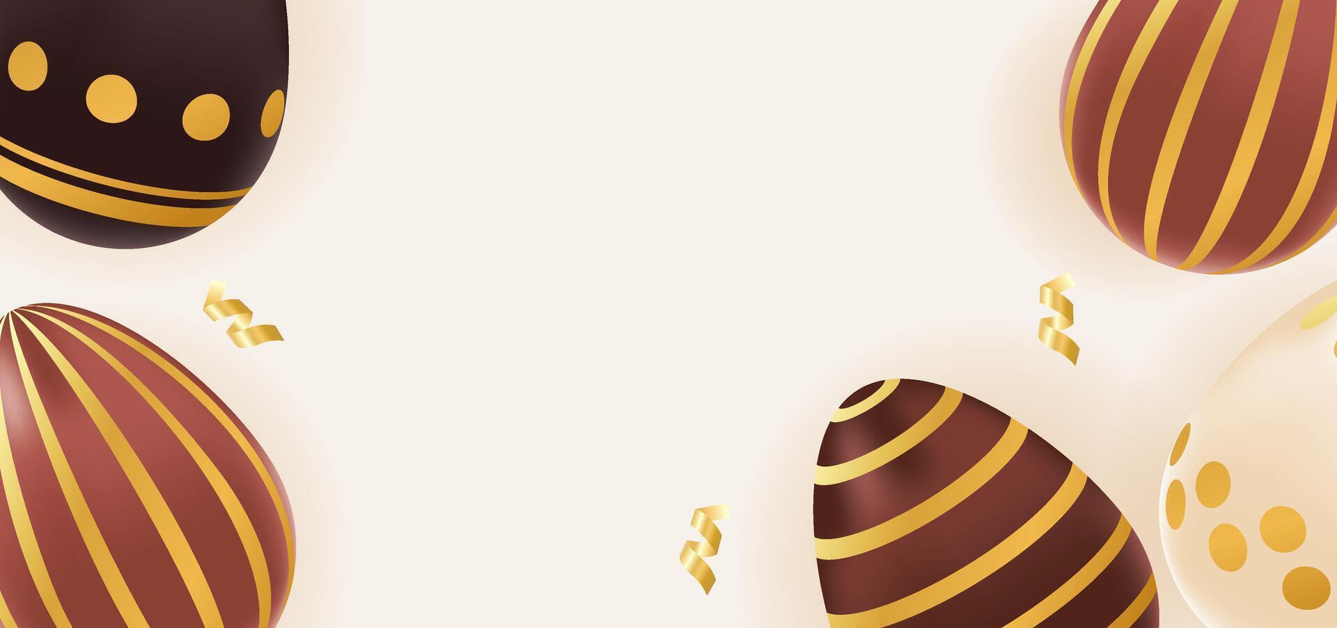 Happy Easter background realistic chocolate eggs with golden pattern. Holiday concept, template, layout, copy space. illustration of brown, beige colors vector