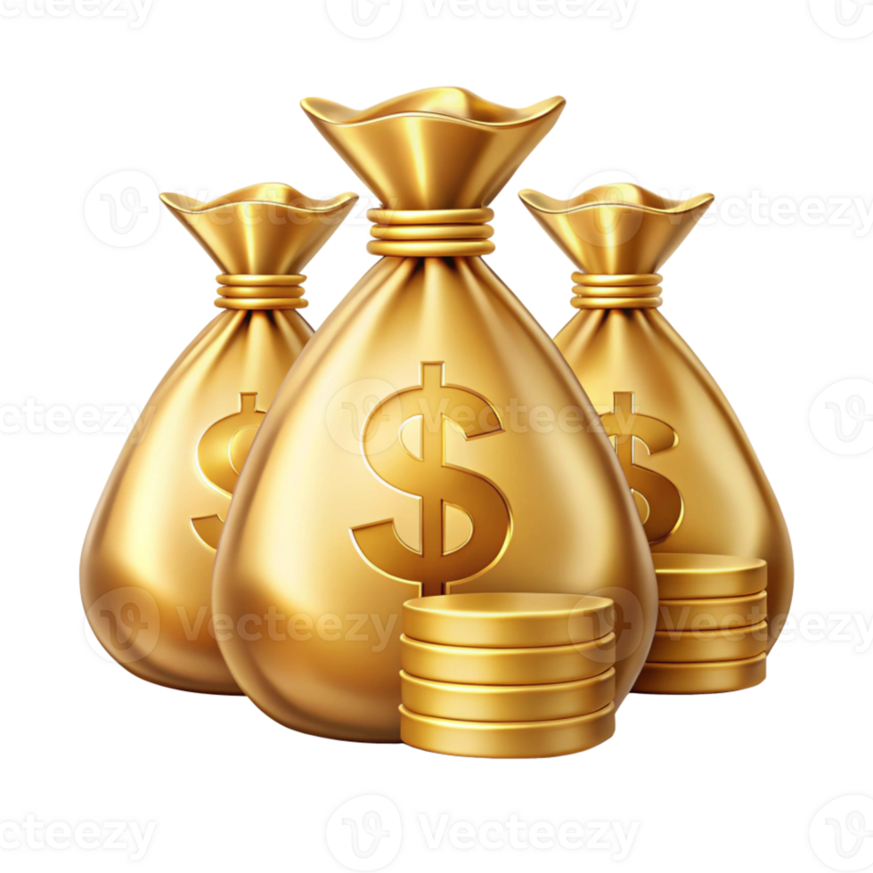 Golden Money bag and coins with dollar sign isolated on transparent background png