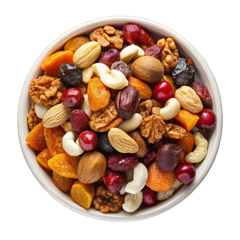 Mixed Nuts and Dried Fruits in a white bowl isolated on transparent background png