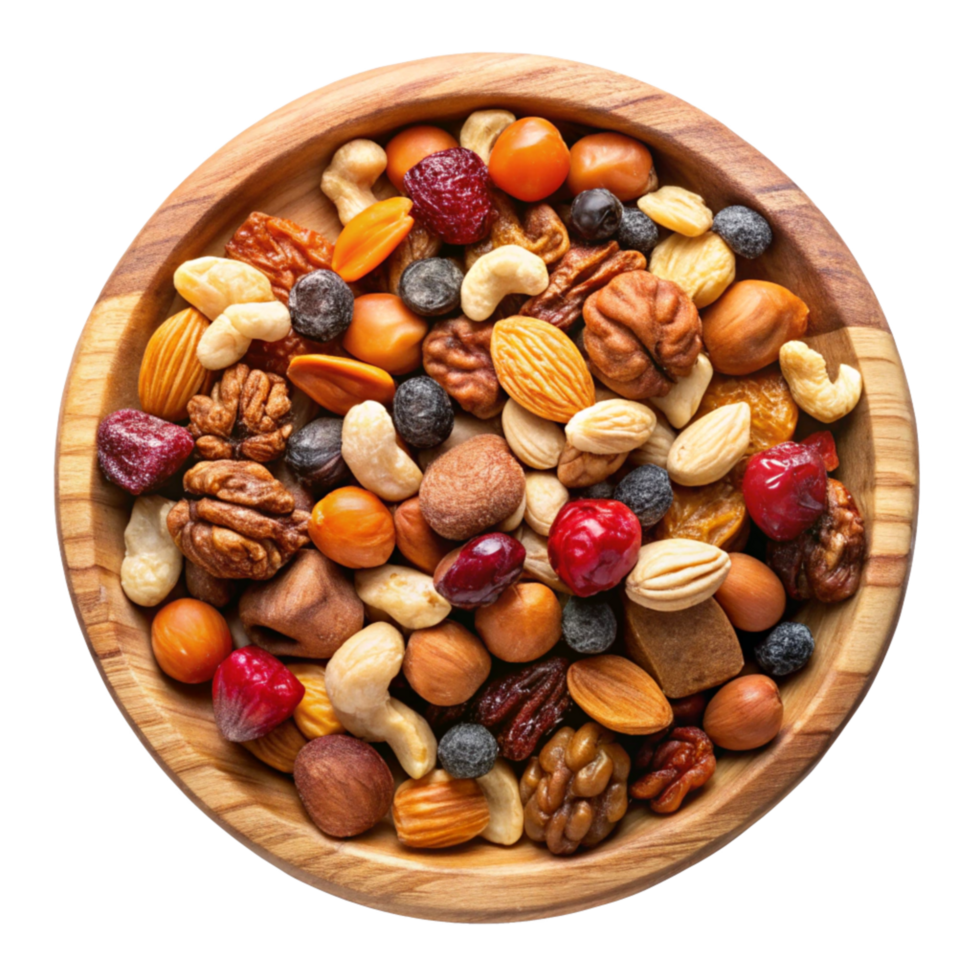 Natural Mixed Nuts and Dried Fruits top view isolated on transparent background png