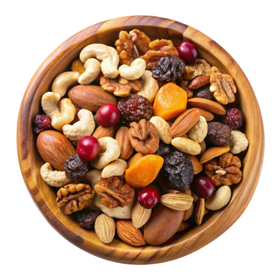 Mixed Nuts and Dried Fruits in a wooden bowl isolated on transparent background png