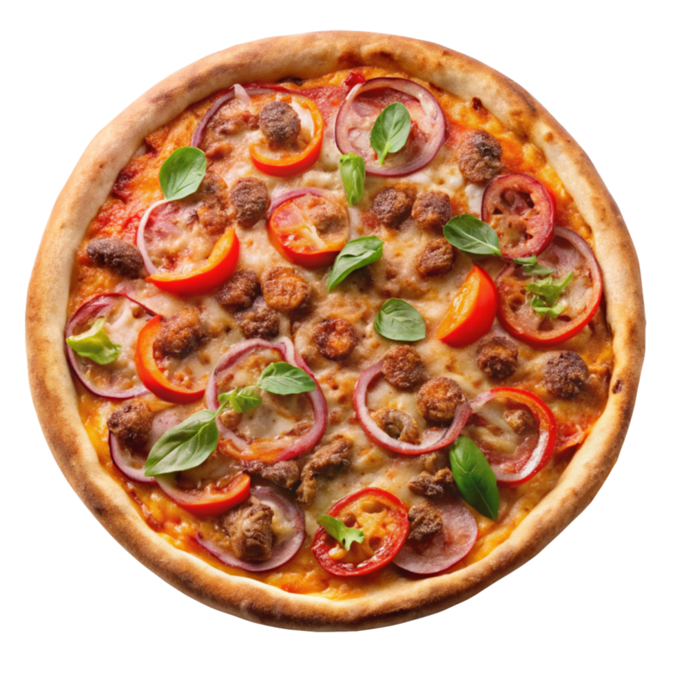 Meat Pizza Top View isolated on transparent background png