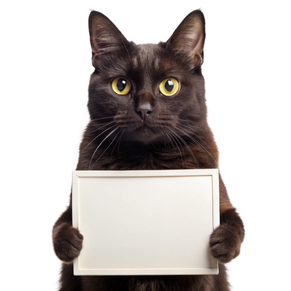 black Cat holding a empty blank sign board isolated on transparent background png