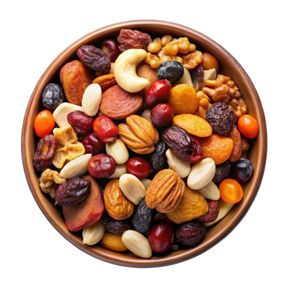 Mixed Nuts and Dried Fruits in a brown bowl isolated on transparent background png
