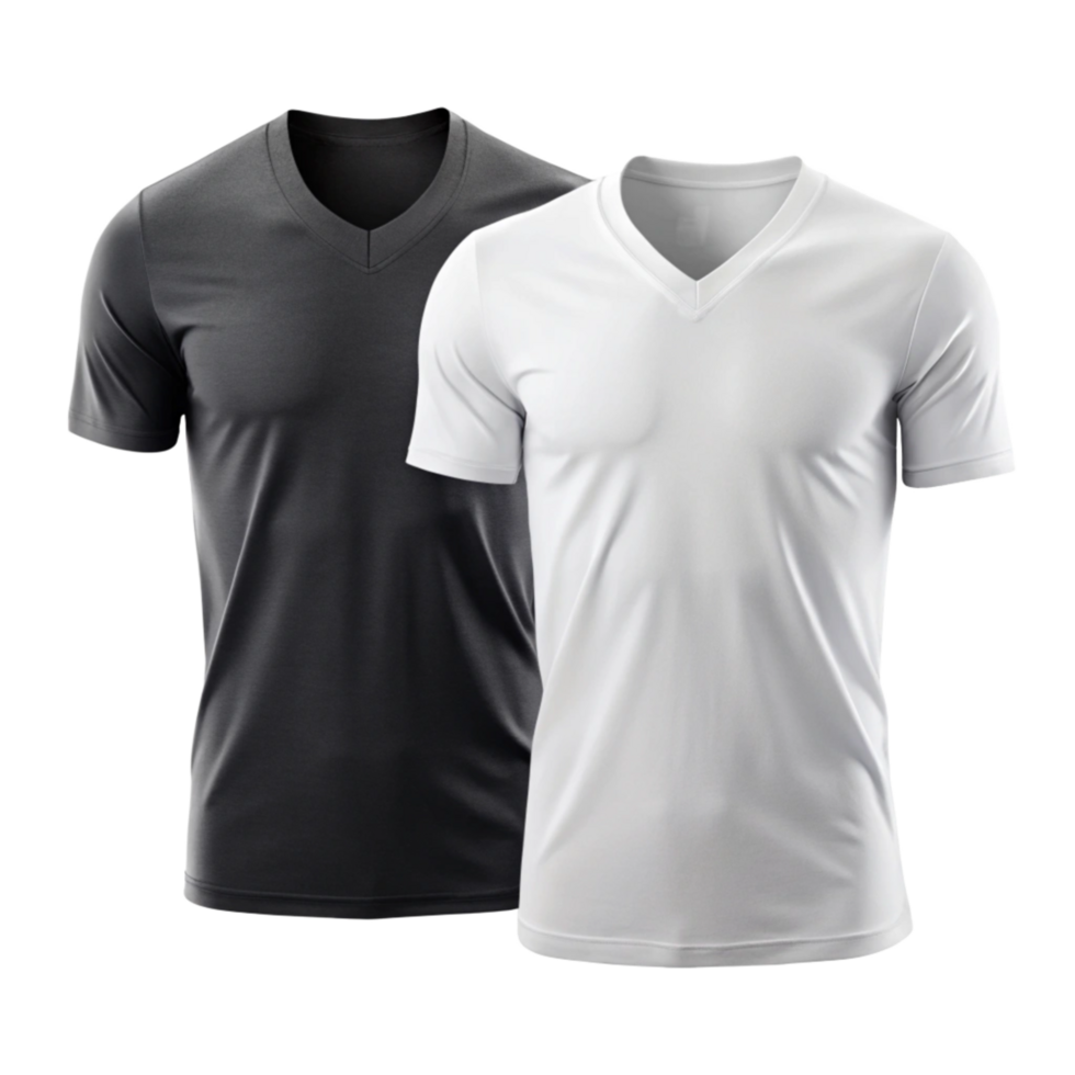White and Black V-neck T-shirt for mockup isolated on transparent background png