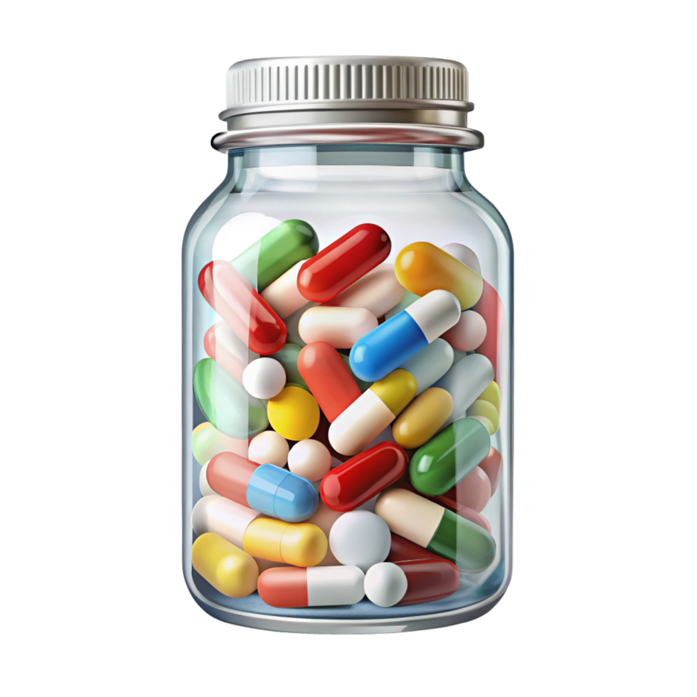 Different Medical Pills in a bottle isolated on transparent background png