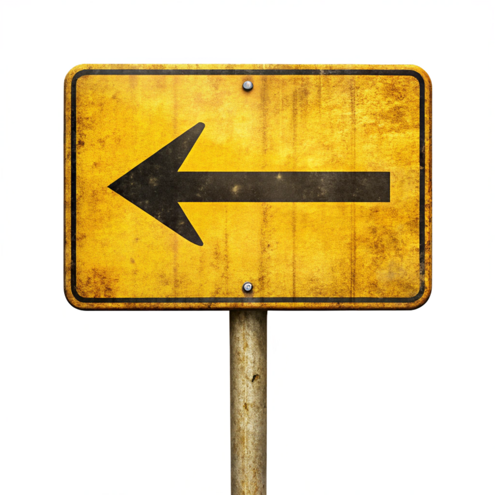 Rustic Yellow Turn Left Road Sign Board isolated on transparent background png