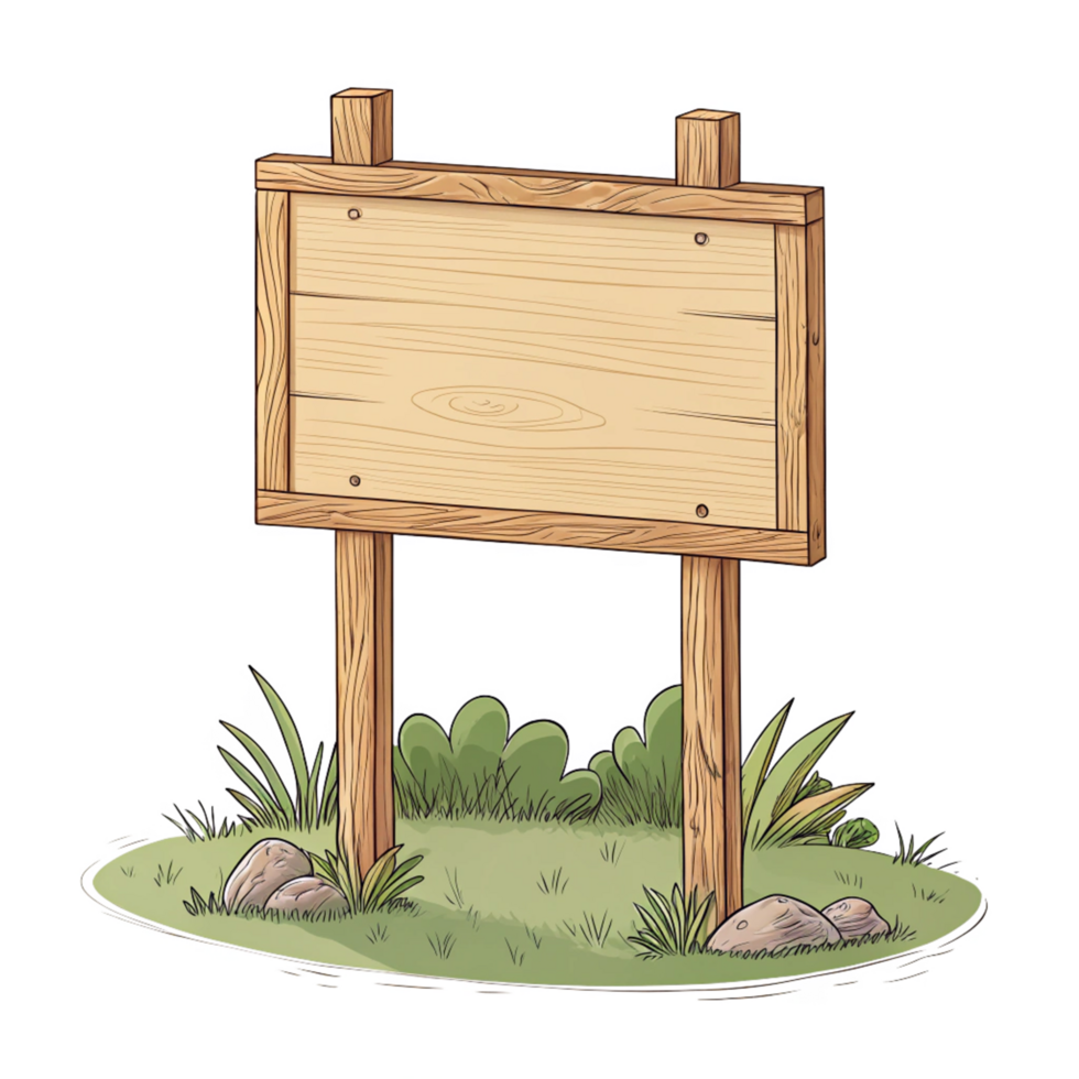 cartoon style wooden blank sign board with grass isolated on transparent background png
