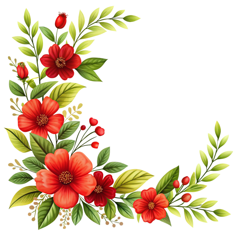 Flowers and Green leaves Corner Frame isolated on transparent background png