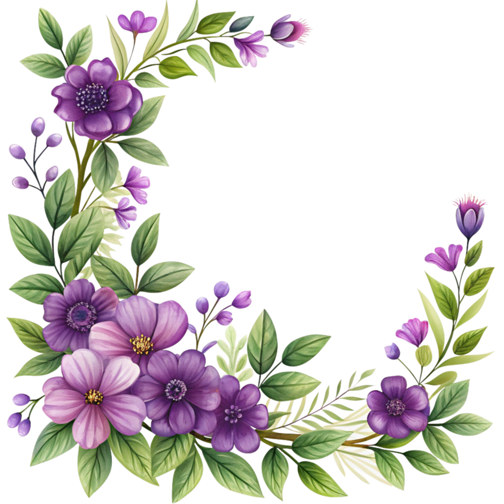 Purple Flowers and Green leaves Frame illustration isolated on transparent background png