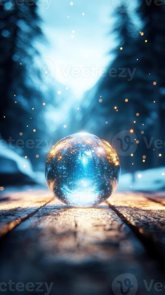 glowing crystal ball on wooden path in snowy forest photo