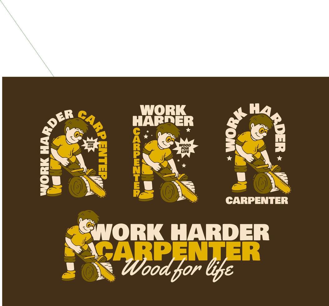 The character of a carpenter is sawing wood with a chainsaw. Flat art retro illustration in 4 type vector