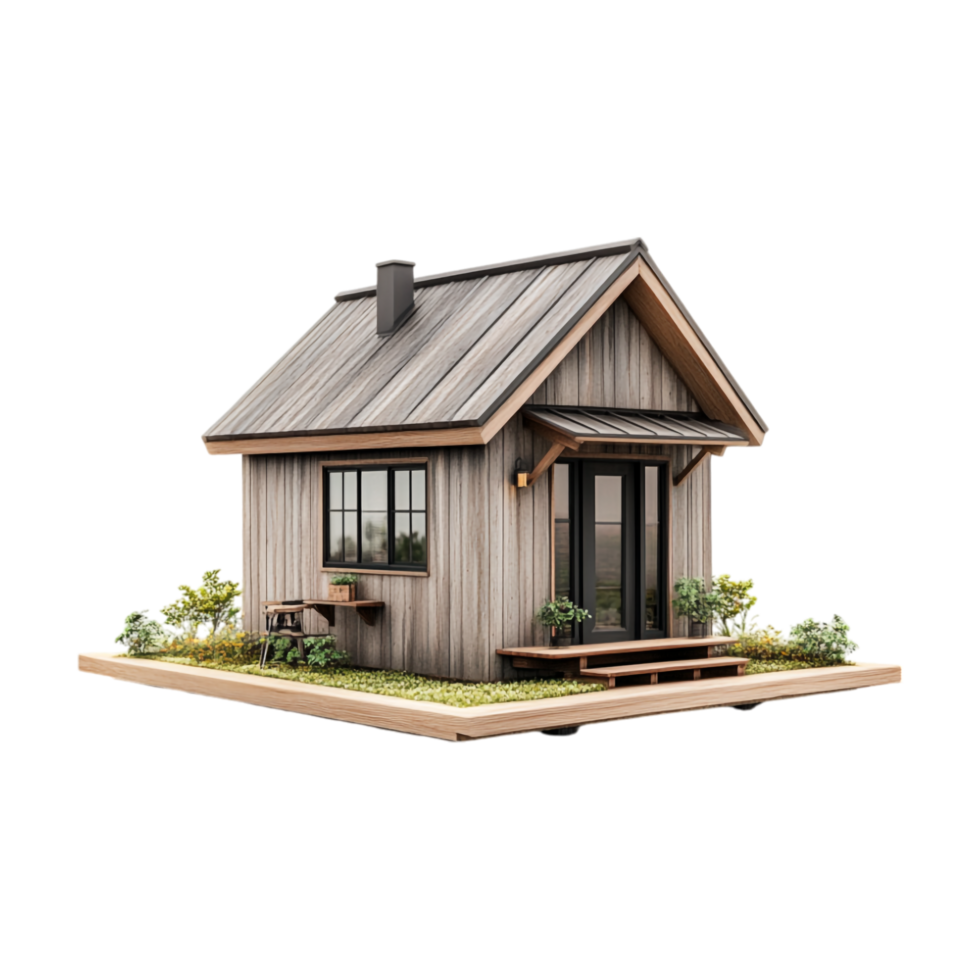 A small wooden house with a roof and windows png