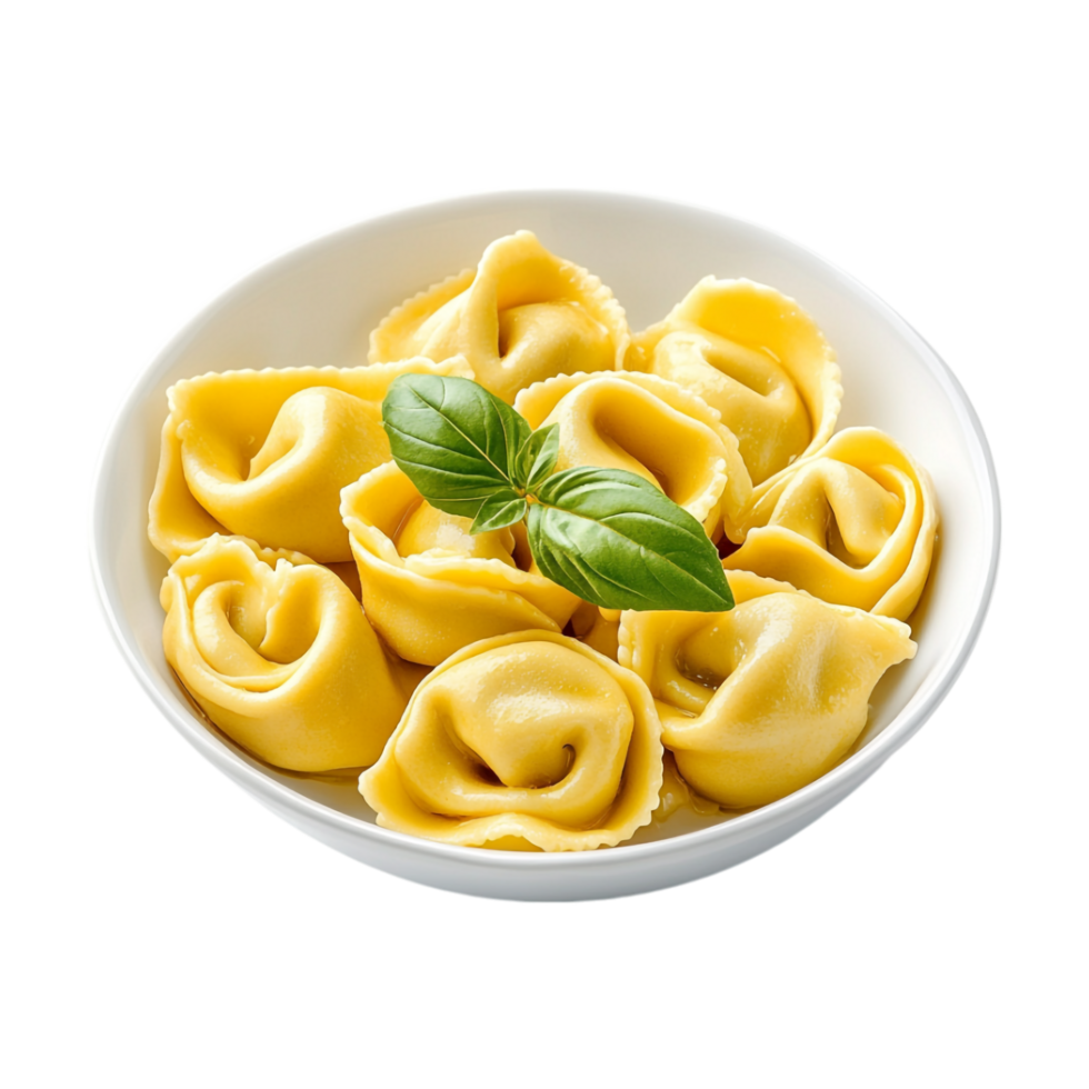 A bowl of pasta with a leaf of basil png