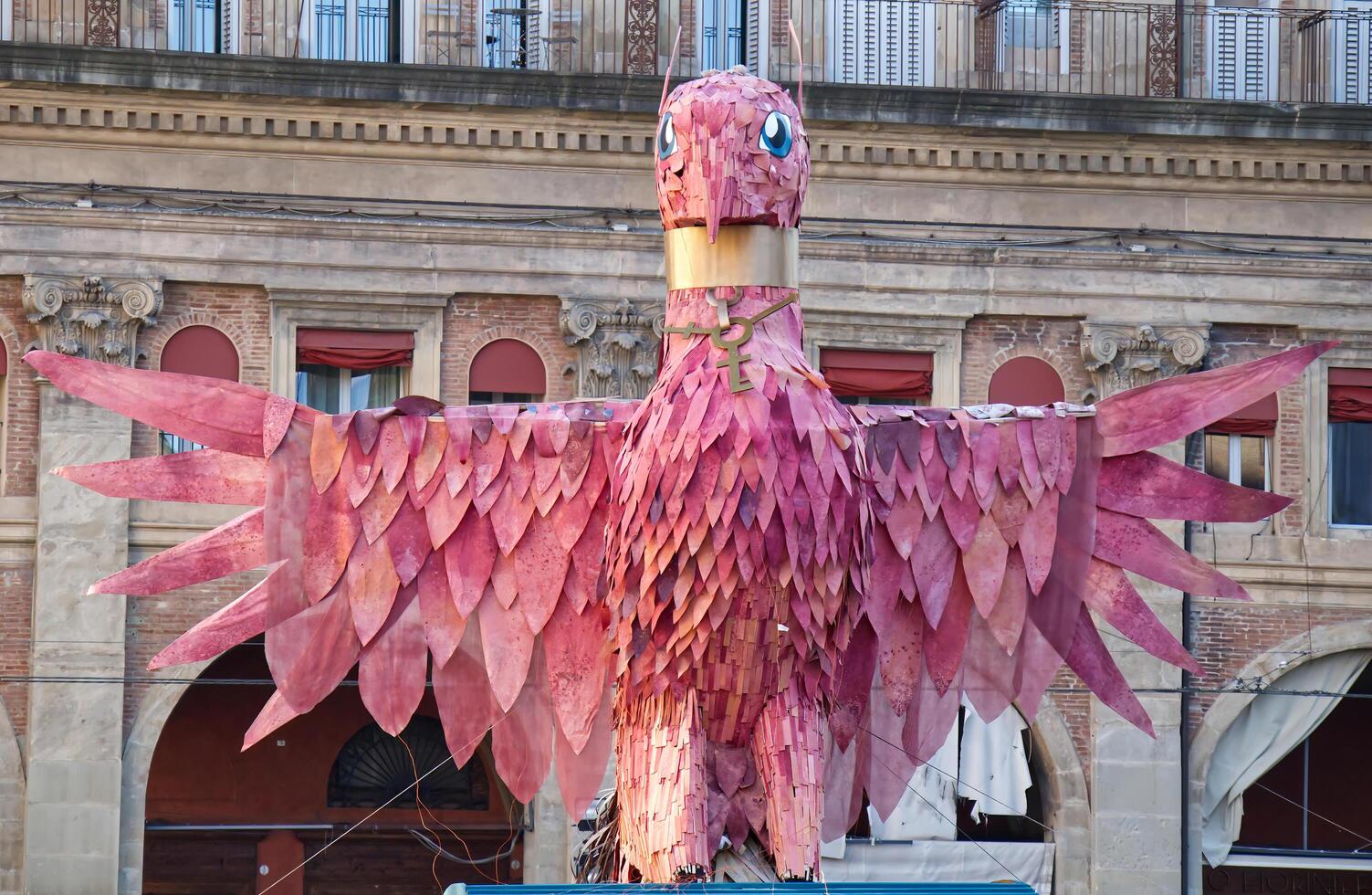 Bologna Italy December 31 2024 Il Vecchione Mercurio la fenice Mercury the phoenix by Yole Signorelli. A huge simulacrum representing the past year is burning at midnight photo