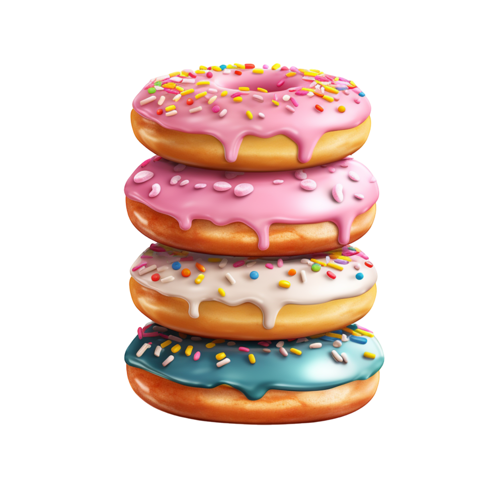 Stack of colorful frosted donuts topped with sprinkles and a glossy finish png
