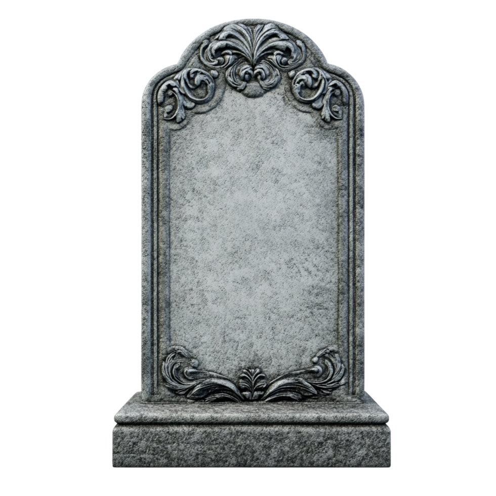 Ornate Stone Gravestone with Elegant Scrollwork and Base png