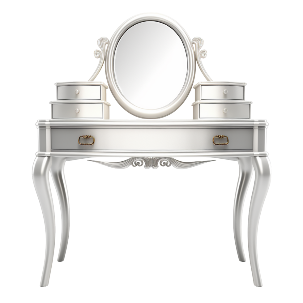 White Vanity Table with Oval Mirror and Decorative Drawers png