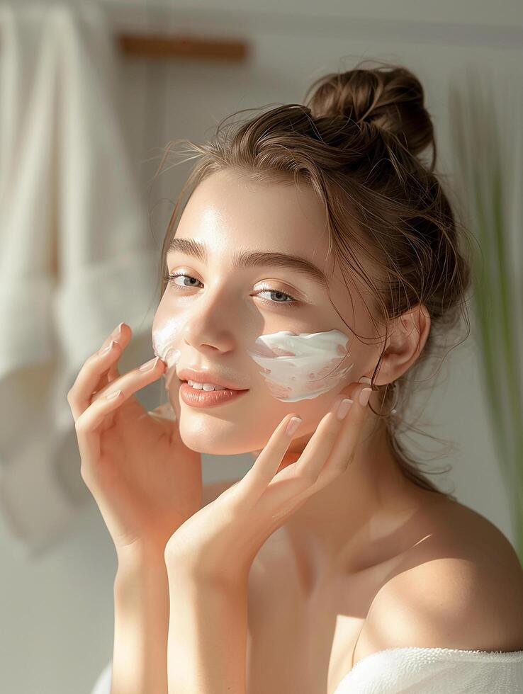 A joyful young woman with natural, glowing skin applying skincare cream to her face in a softly photo