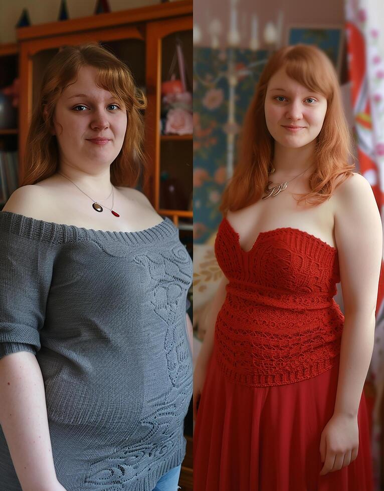 A woman in a red dress and a woman in a grey dress photo