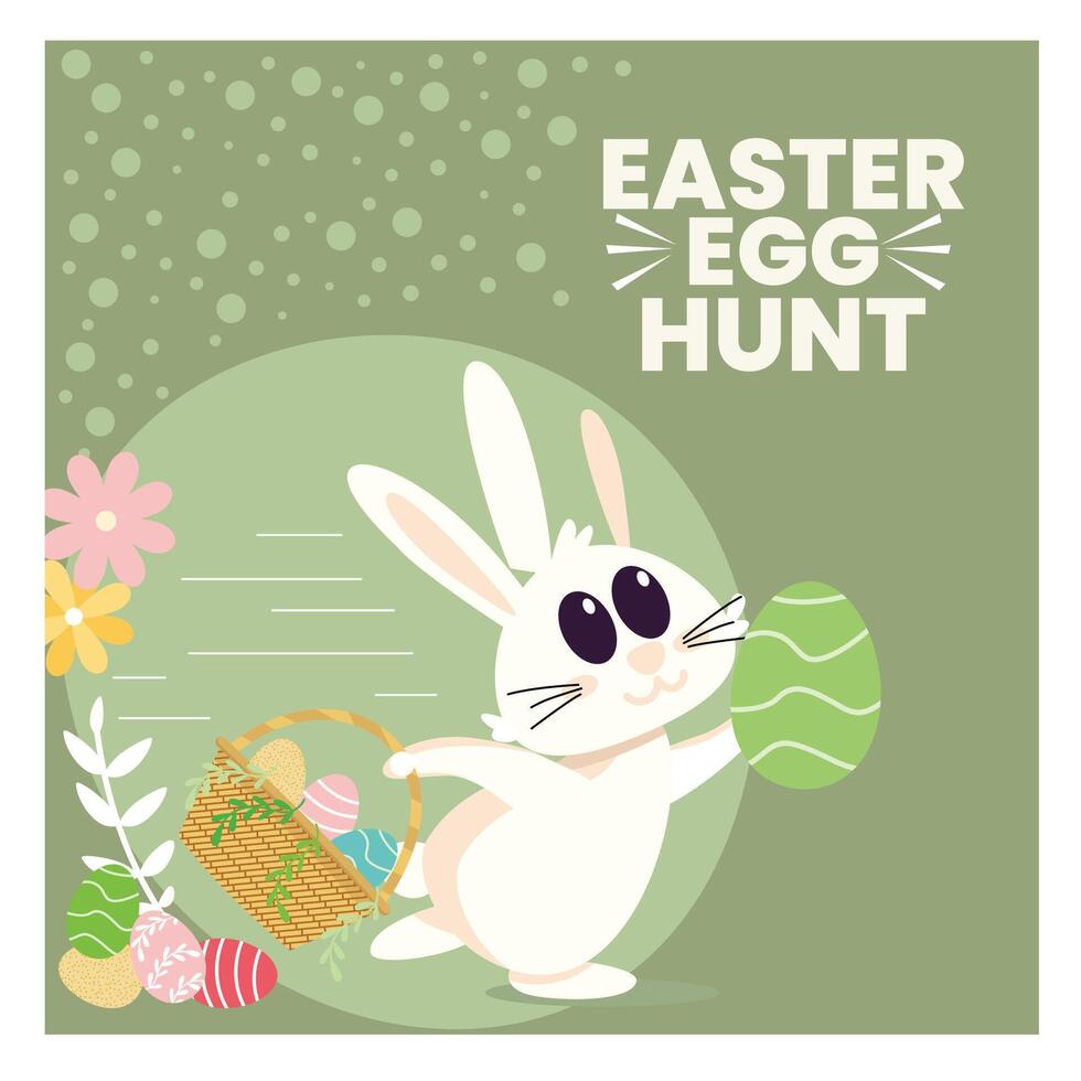 An Easter egg hunt event with the Easter bunny carrying a basket of Easter eggs. vector