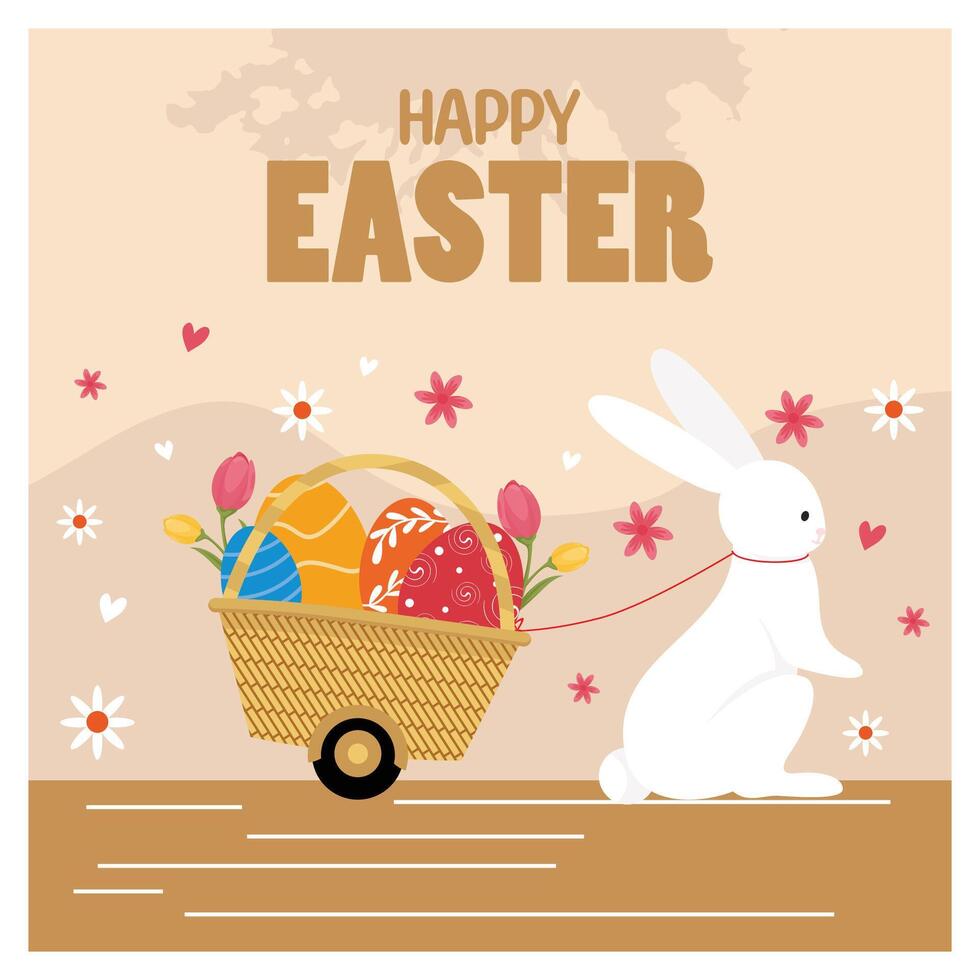 The Easter Bunny pulls a basket full of decorated eggs. vector