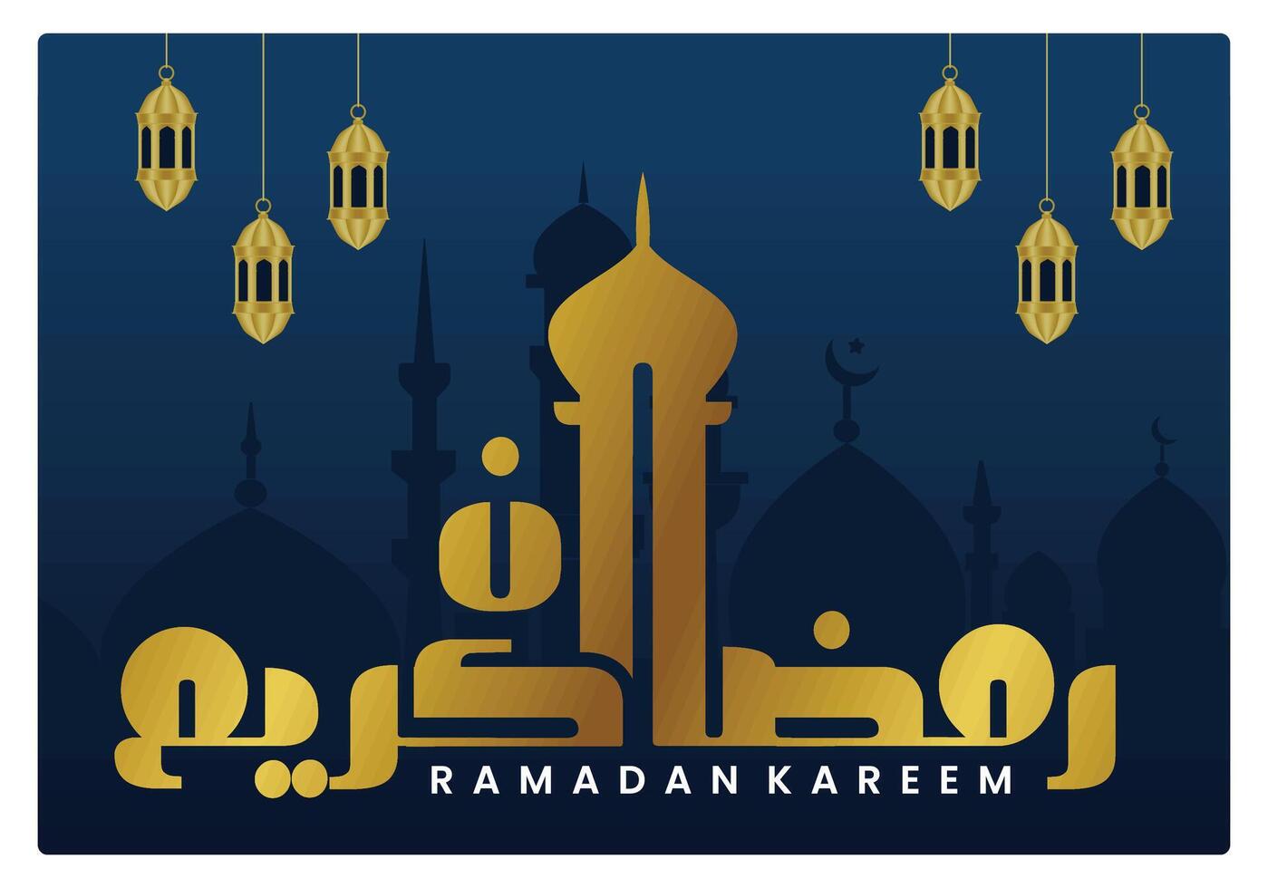 Elegant Ramadan Kareem greeting with lanterns and mosque silhouette. vector