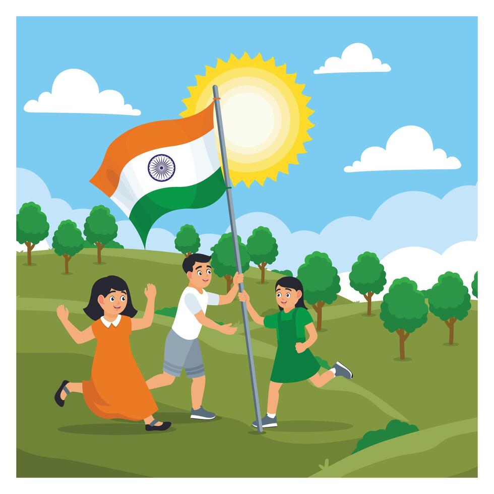 Children wave the Indian flag outdoors. vector