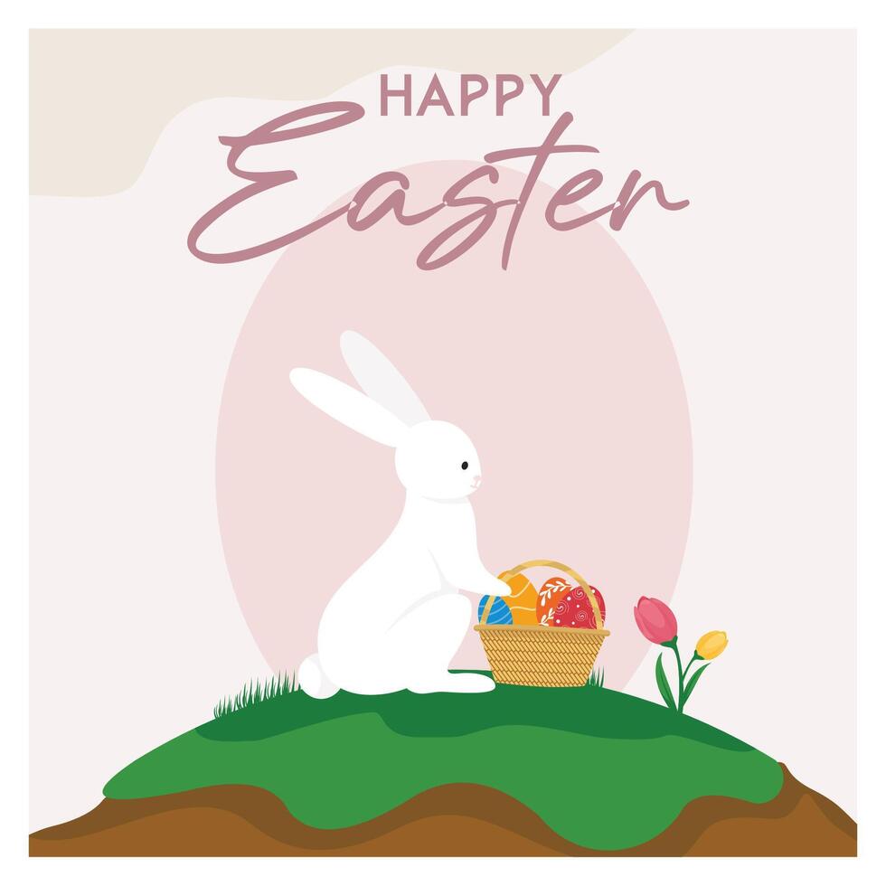 Happy Easter with a bunny and a basket of colorful eggs. vector