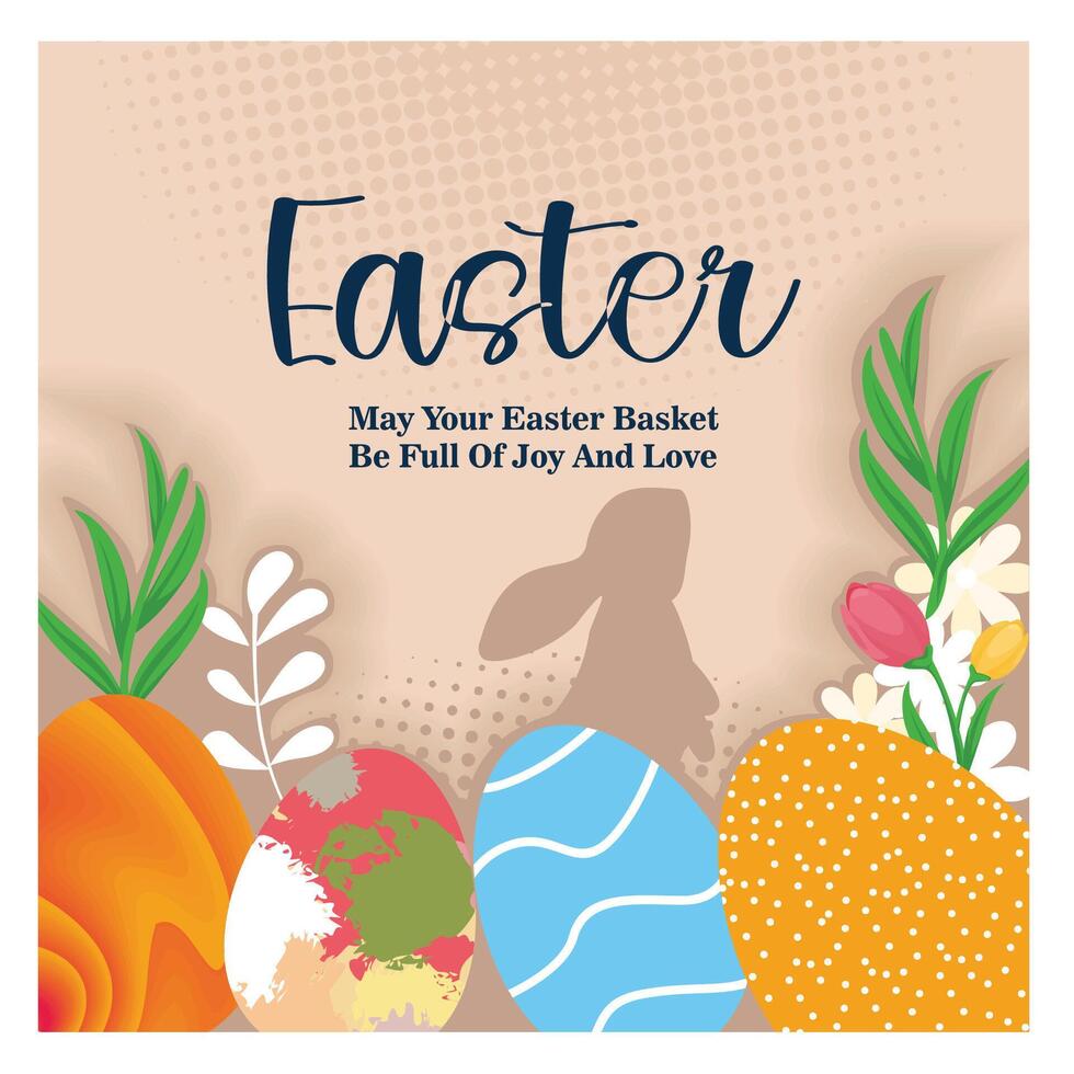 Creative Happy Easter greeting design with decorated eggs, bunnies, and spring flowers. vector
